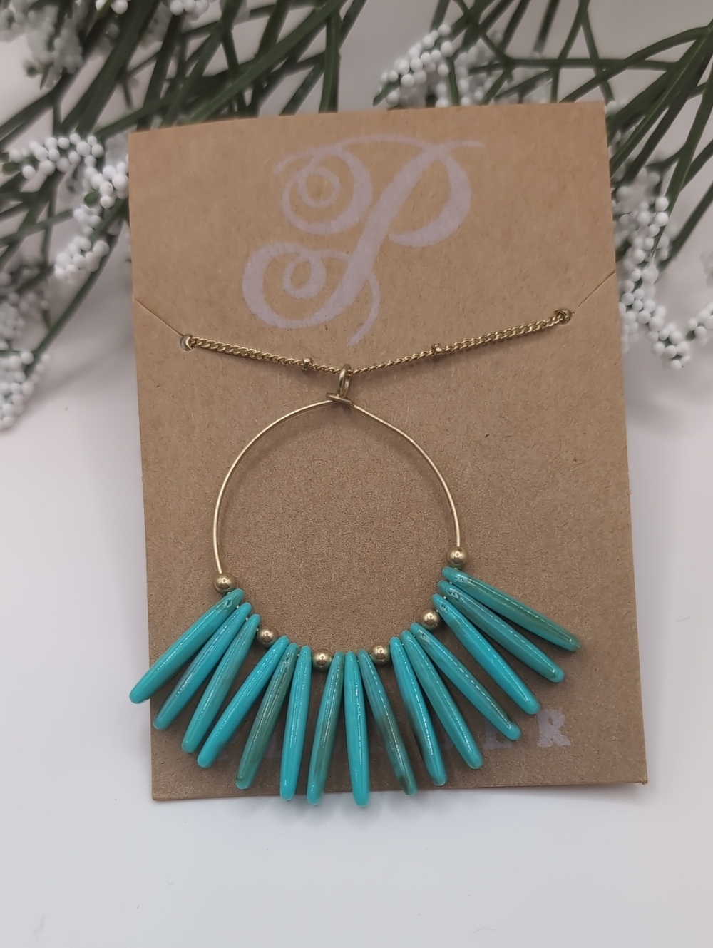 Plunder Gold-Tone Turquoise Spike Hoop Necklace New In Packaging